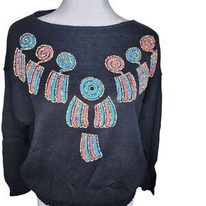 Vintage 1980s Pullover Geometric Beaded Sweater Womens Size L Black